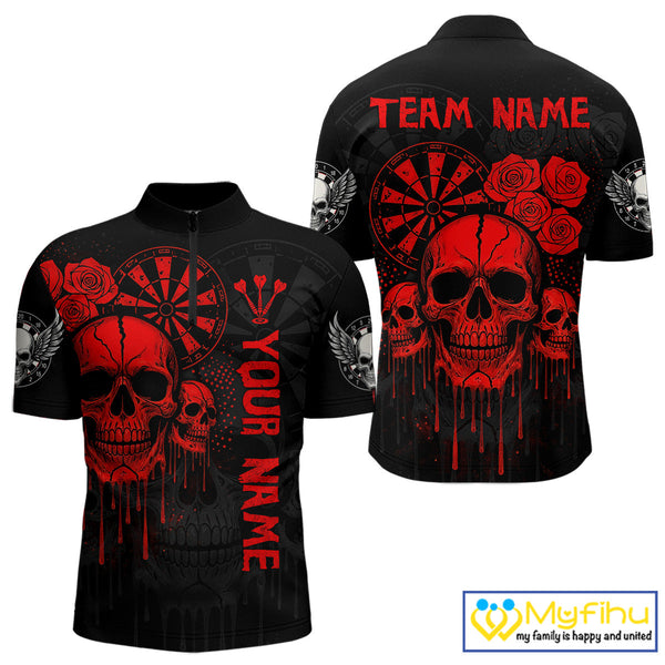 Custom Black And Red Dripping Roses And Skulls Dart Team Quarter-Zip Shirt For Men NYN0510
