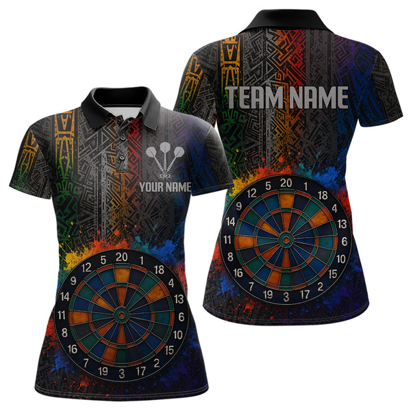 Custom Colorful Tribal Dart Team Polo Shirts For Women, Rainbow Splatter Dart Jerseys NYN0292
