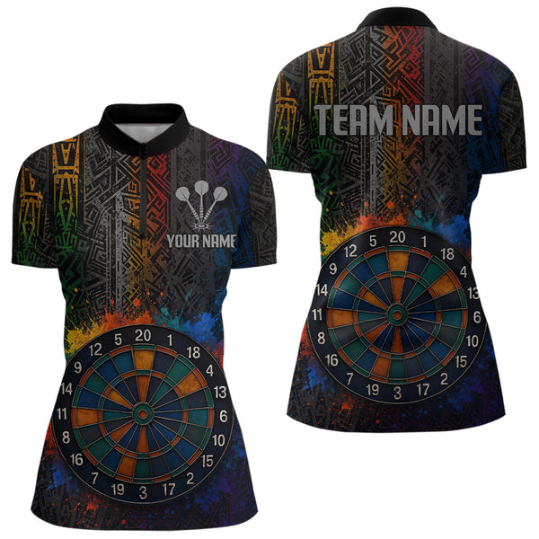 Custom Colorful Tribal Dart Team Quarter-Zip Shirt For Women, Rainbow Splatter Dart Jersey NYN0292