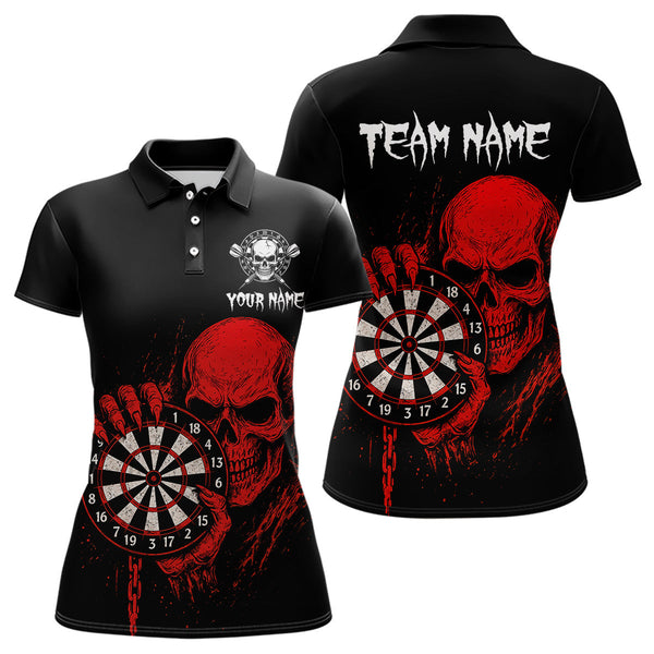 Custom Black And Red Skull Dart Polo Shirts For Women, Halloween Dart Team Outfit NYN0294