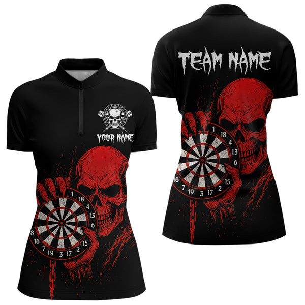 Custom Black And Red Skull Dart Quarter-Zip Shirts For Women, Halloween Dart Team Outfit NYN0294