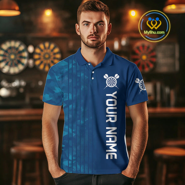 Custom Name Blue Camo Dart Polo Shirts For Men, Camouflage Dart Team League Shirt NYN0317
