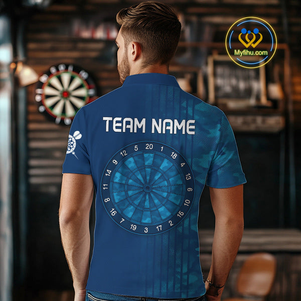 Custom Name Blue Camo Dart Polo Shirts For Men, Camouflage Dart Team League Shirt NYN0317