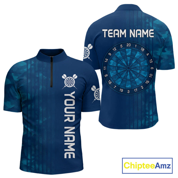 Custom Name Blue Camo Dart Quarter-Zip Shirts For Men, Camouflage Dart Team League Shirt NYN0317