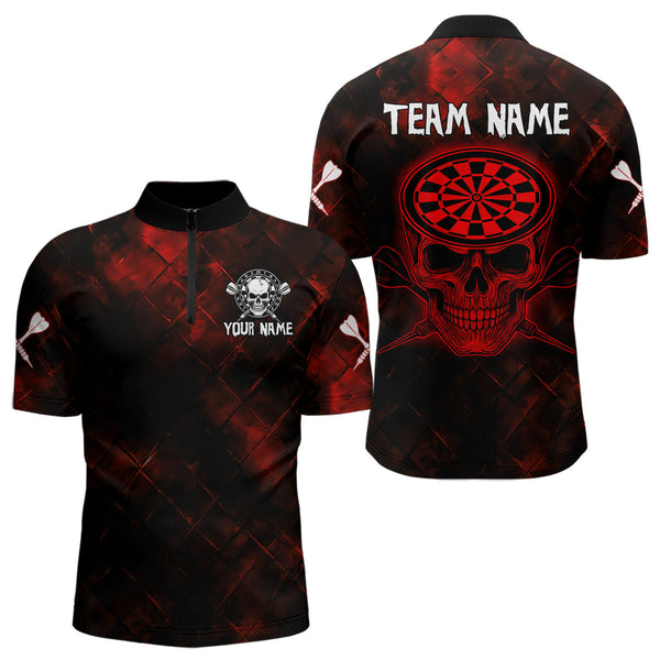 Custom Black And Red Skull Dartboard Dart Team Quarter-Zip Shirts For Men, Halloween Dart Outfit NYN0320