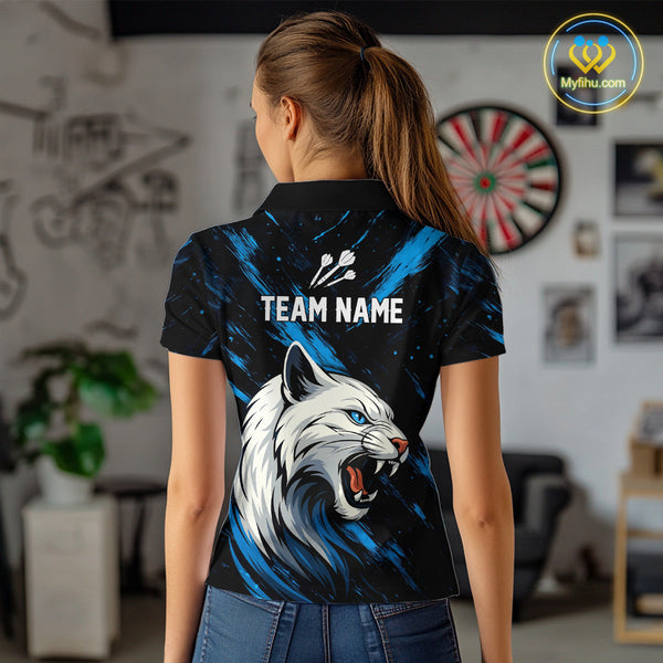 Custom Blue White Panther Dart Team Polo Shirts For Women, Panther Dart Jerseys NYN0331