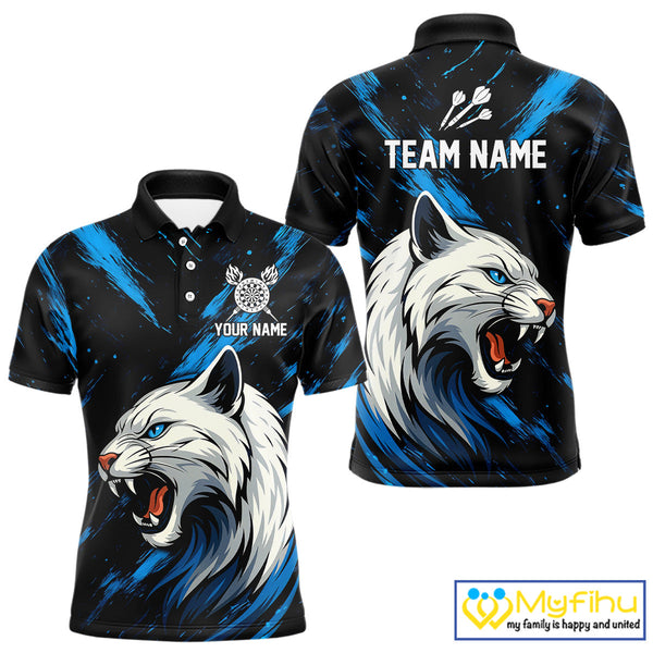 Custom Blue White Panther Dart Team Polo Shirts For Men, Panther Dart Jerseys NYN0331