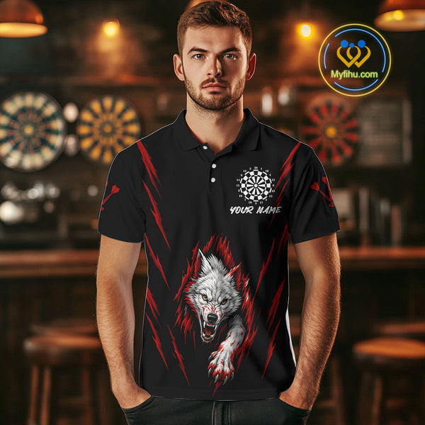Custom Black And Red Wolf Darts Polo Shirts For Men, Dart Tournament Team Shirt NYN0335