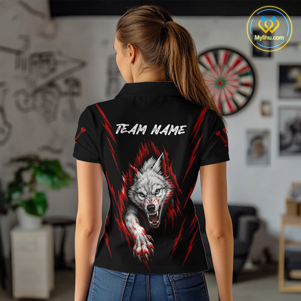 Custom Black And Red Wolf Darts Polo Shirts For Women, Dart Tournament Team Shirt NYN0335