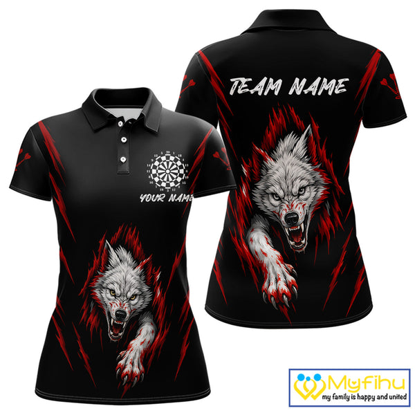Custom Black And Red Wolf Darts Polo Shirts For Women, Dart Tournament Team Shirt NYN0335