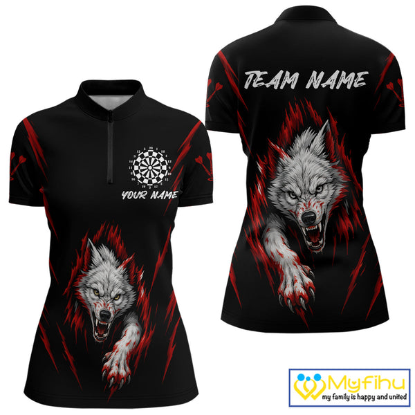 Custom Black And Red Wolf Darts Quarter-Zip Shirts For Women, Dart Tournament Team Shirt NYN0335