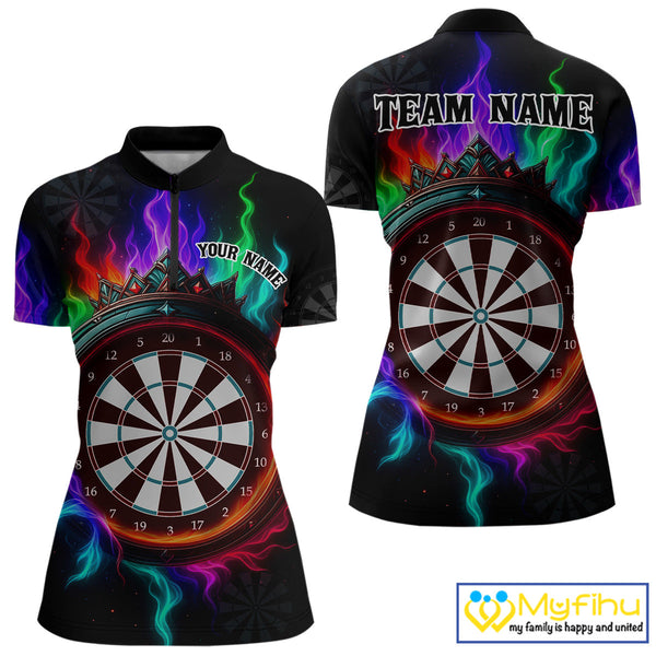 Custom Colorful Smoke Flame Dartboard Dart Quarter-Zip Shirts For Women, Dart Team Shirt NYN0620