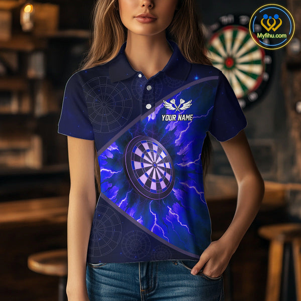 Custom Blue Thunder Lightning Dartboard Polo Shirt For Women, Electric Dart Jersey NYN0644