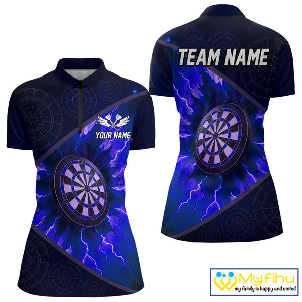 Custom Blue Thunder Lightning Dartboard Quarter-Zip Shirt For Women, Electric Dart Jersey NYN0644