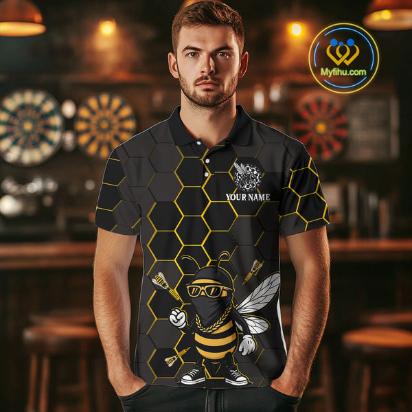 Custom Black And Yellow Funny Bee Darts Polo Shirts For Men, Dart League Shirt NYN0669