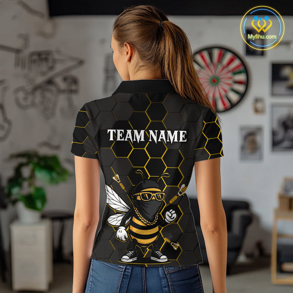 Custom Black And Yellow Funny Bee Darts Polo Shirts For Women, Dart League Shirt NYN0669