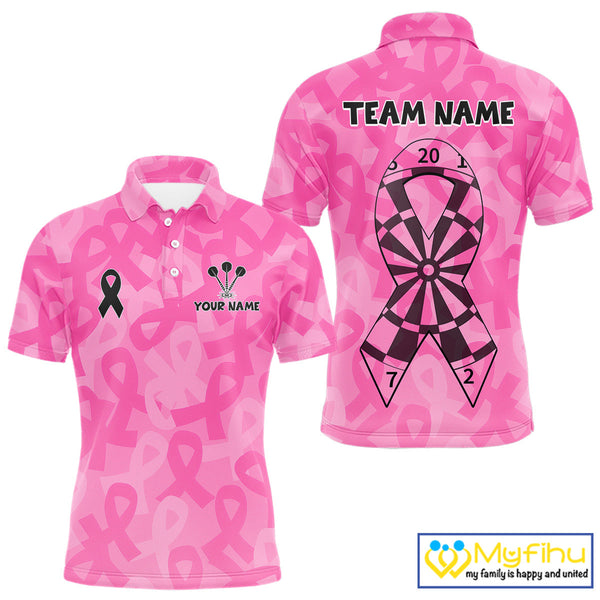 Custom Pink Ribbon Breast Cancer Awareness Dart Tournament Polo Shirts For Men NYN0675