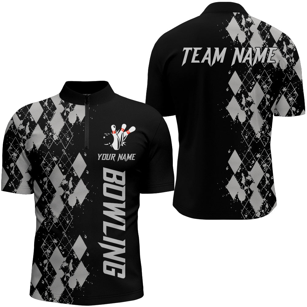Personalized Men Bowling Shirt Quarter-Zip Custom Name Argyle Pattern Bowler Team Shirt NBZ23