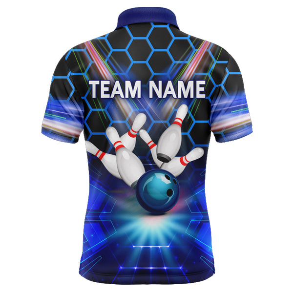 Blau Bowling-Shirt für Herren mit individuellem Namen, Polo Bowling Trikot, 3D Bowling Team Shirt für Herren BDT43