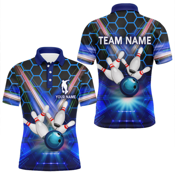 Blau Bowling-Shirt für Herren mit individuellem Namen, Polo Bowling Trikot, 3D Bowling Team Shirt für Herren BDT43
