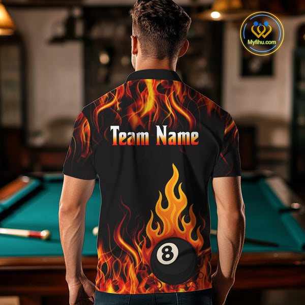 Orange 8 Ball Flame Fire Billiard Shirts For Men Custom Polo & 1/4 Zip Billiard Team Jerseys TDM4012