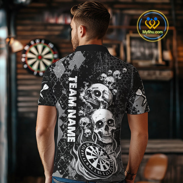 Black Grey Grunge Argyle Skull Dart Shirts Custom Men's Dart Jerseys Team Polo & Quarter Zip TDM3836