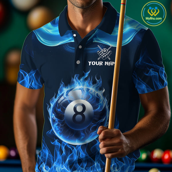 Blue Flaming 8 Ball Pool Billiard Shirts For Men Custom Polo & Quarter Zip Billiard Team Jerseys TDM3999