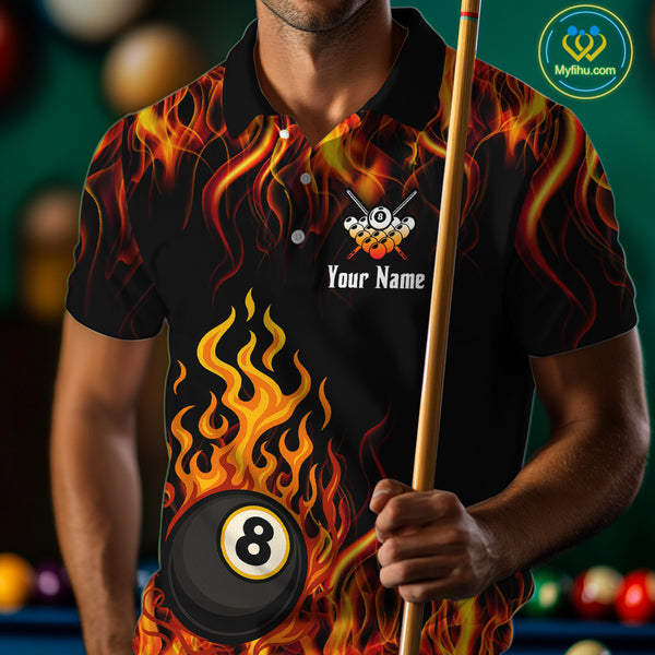Orange 8 Ball Flame Fire Billiard Shirts For Men Custom Polo & 1/4 Zip Billiard Team Jerseys TDM4012