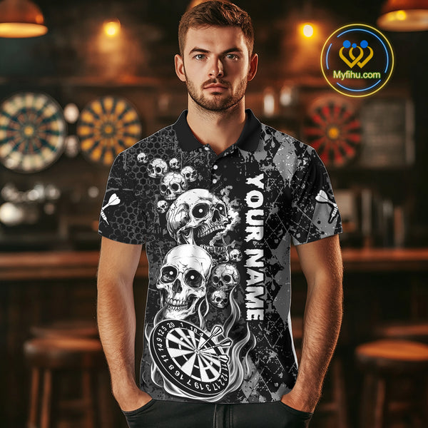Black Grey Grunge Argyle Skull Dart Shirts Custom Men's Dart Jerseys Team Polo & Quarter Zip TDM3836
