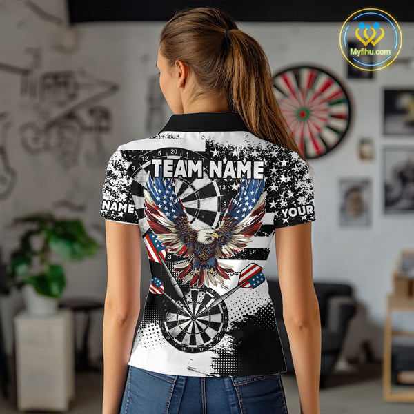 Custom Dart Shirt For Women, Grunge Eagle American Flag Black White Polo, 1/4 Zip Darts Jersey TDM3877
