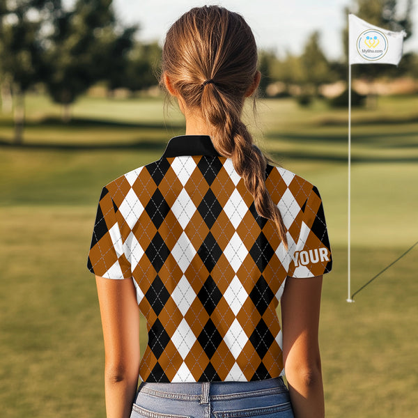 Women golf polo shirt custom brown argyle plaid pattern golf attire for ladies NQS9848
