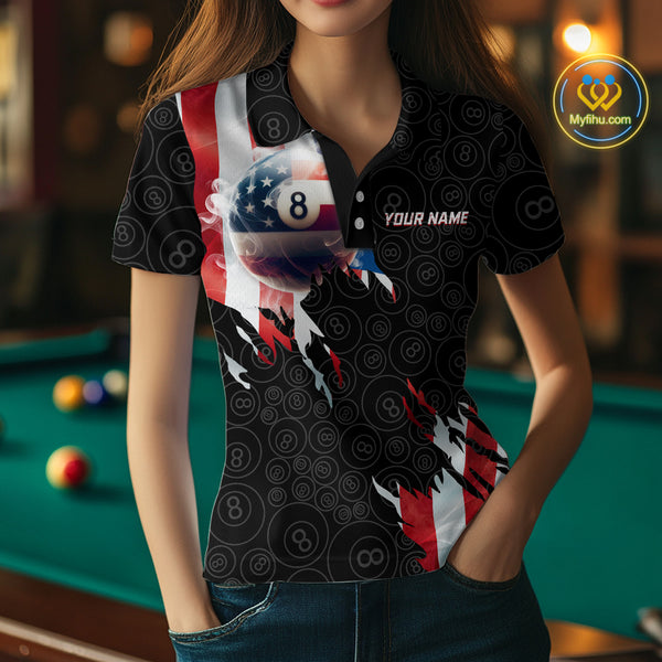 American Flag 8 Ball Billiard Shirts For Women Custom Pool Team Jerseys Polo & Quarter Zip TDM3966
