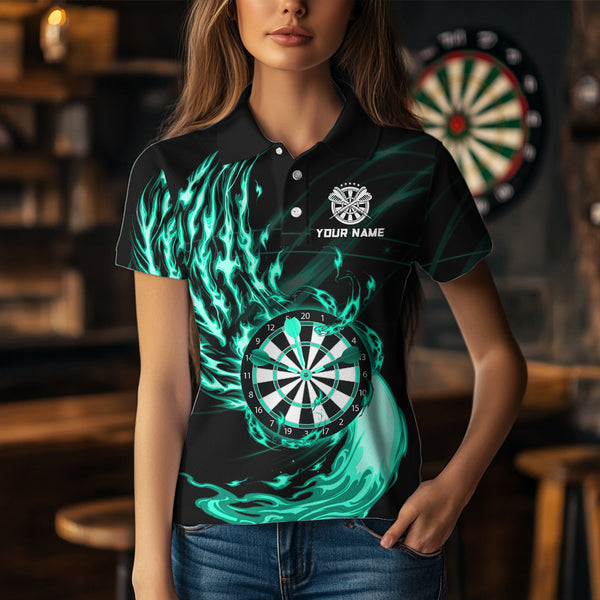Turquoise Fire Flame Dartboard Darts Polo & Quarter Zip Custom Dart Shirts For Women Dart Jerseys TDM3739