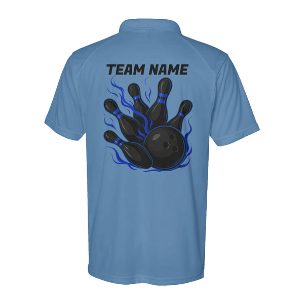 Blue Flame Bowling Ball and pins Performance Polo Shirts, Custom Team Name Bowling Jerseys D03 NQS9890