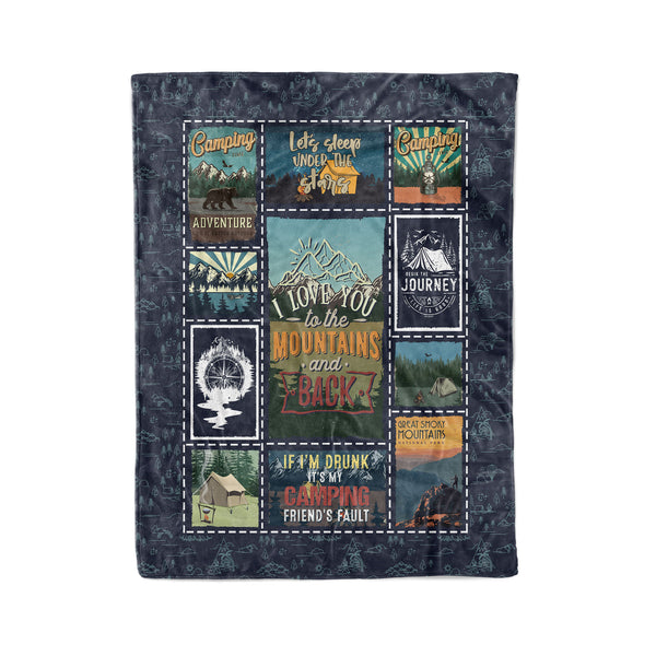 Camping theme blanket with camping design happy camper fleece blanket