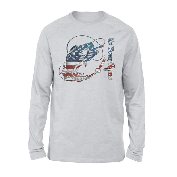 US Bass Fishing American Flag 4th July Custom name Long Sleeve D02 NQS1248