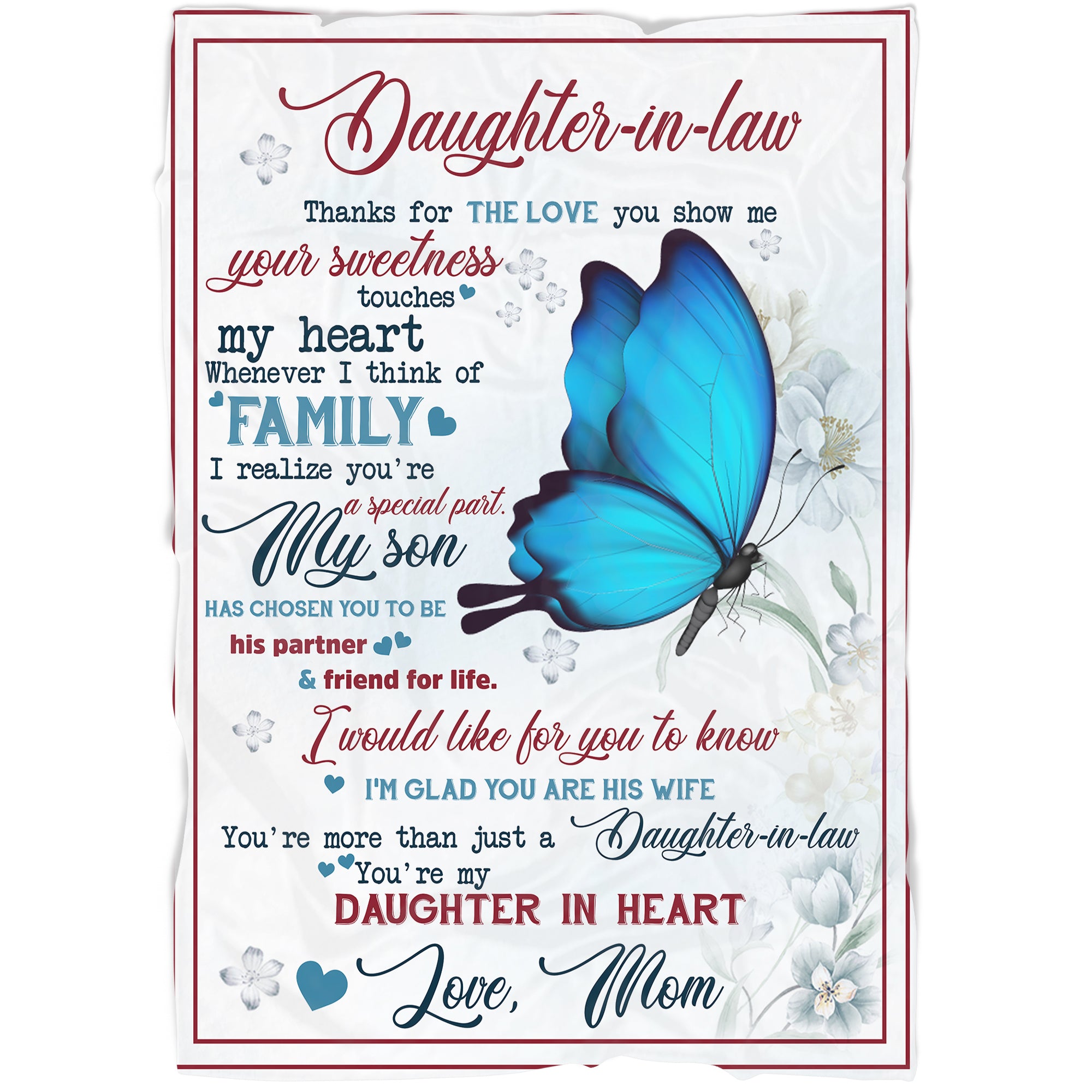 Daughter-in-law Blanket - Touches My Heart Butterfly Fleece Blanket Gift for Daughter In Law from Mom Daughter In Law Gift for Christmas Birthday Anniversary Wedding - JB248