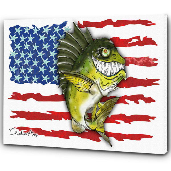 Largemouth Bass fishing with American flag ChipteeAmz's art Matte Canvas AT004