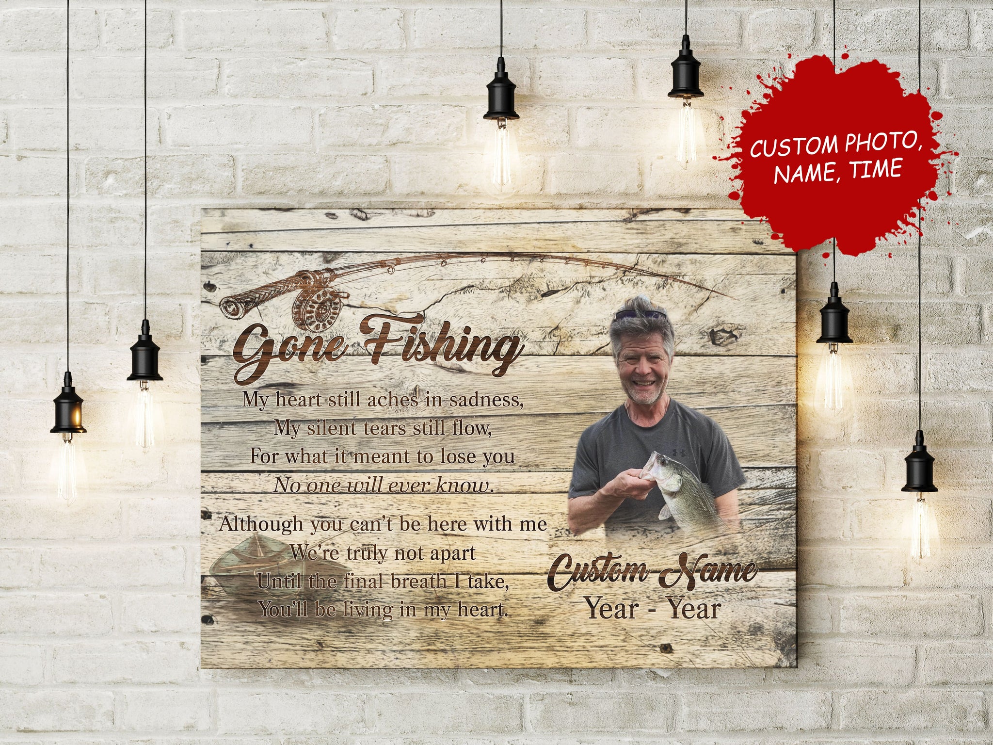 Gone Fishing Memorial Canvas, Personalized Fishing in Heaven Memory Plaque Bereavement Sympathy Gift N2700