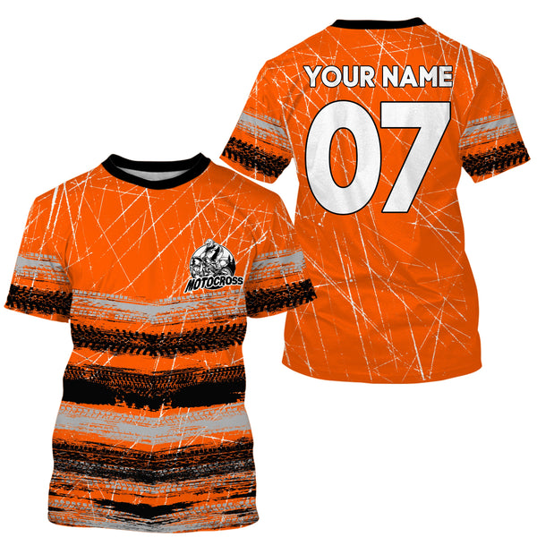 Custom motocross jersey orange tire track dirt bike UPF30+ kids men women motorcycle off-road NMS1032