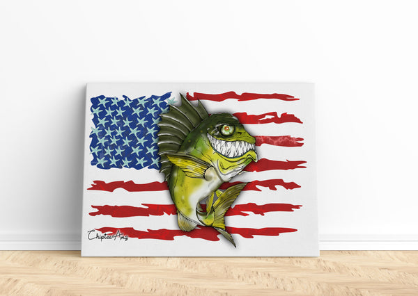 Largemouth Bass fishing with American flag ChipteeAmz's art Matte Canvas AT004