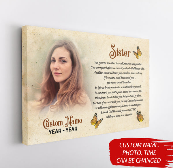 Personalized Sister Memorial Canvas, Sister Remembrance Sympathy Gift for Loss of Sister in Heaven N2716