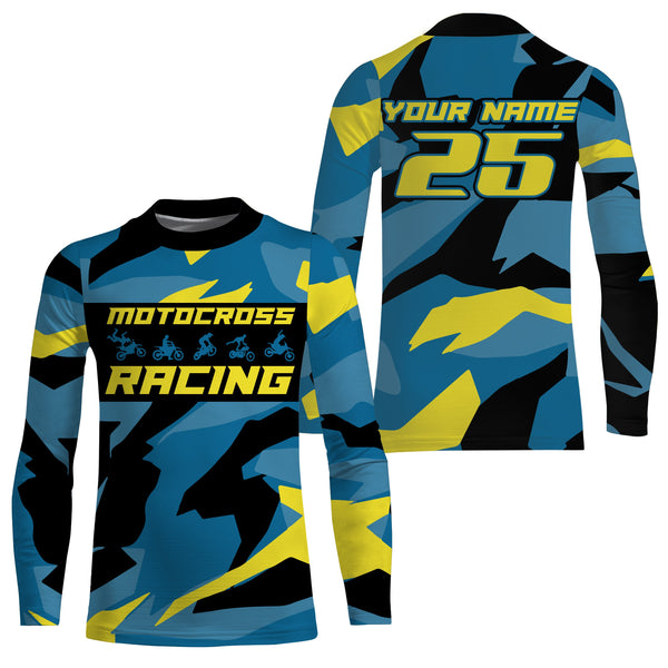 Blue camo custom motocross racing Jersey UPF30+ kids men women dirt bike long sleeves off-road NMS1037