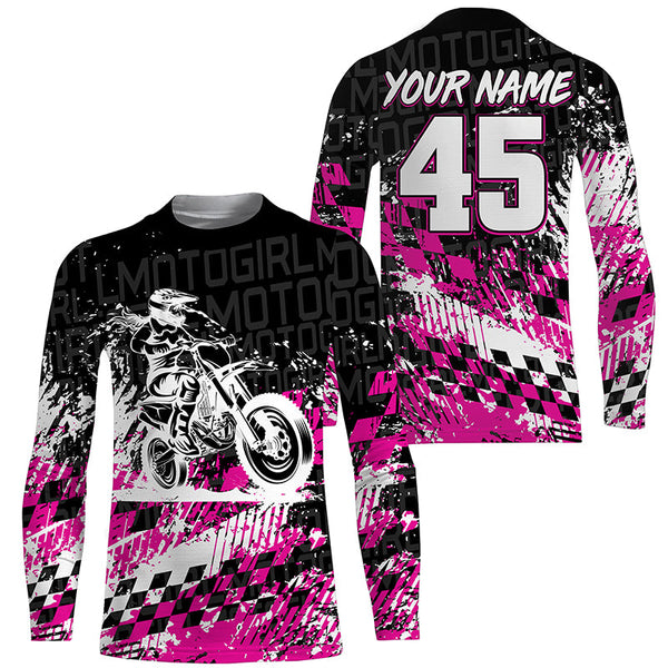 Girls Women Pink Personalized Motocross Jersey UPF30+ Brap Dirt Bike Racing Long Sleeves NMS1182