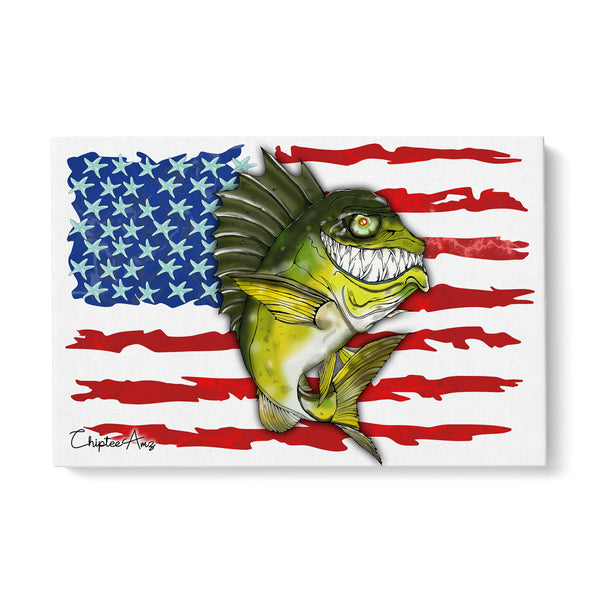Largemouth Bass fishing with American flag ChipteeAmz's art Matte Canvas AT004