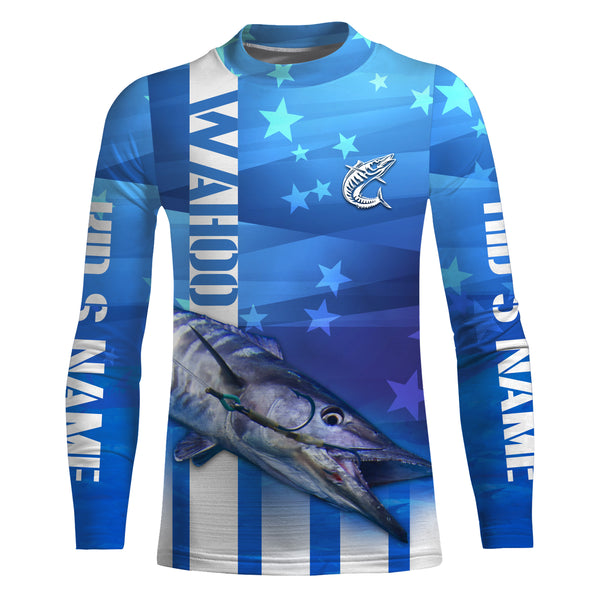 Wahoo Fishing Custom Blue Long sleeve performance Fishing Shirts, Wahoo Fishing apparel TMTS016
