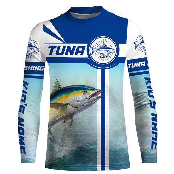 Tuna Fishing sea background Custom name performance Long Sleeve Fishing Shirts, Fishing jerseys for men, women, and kids - HVFS046