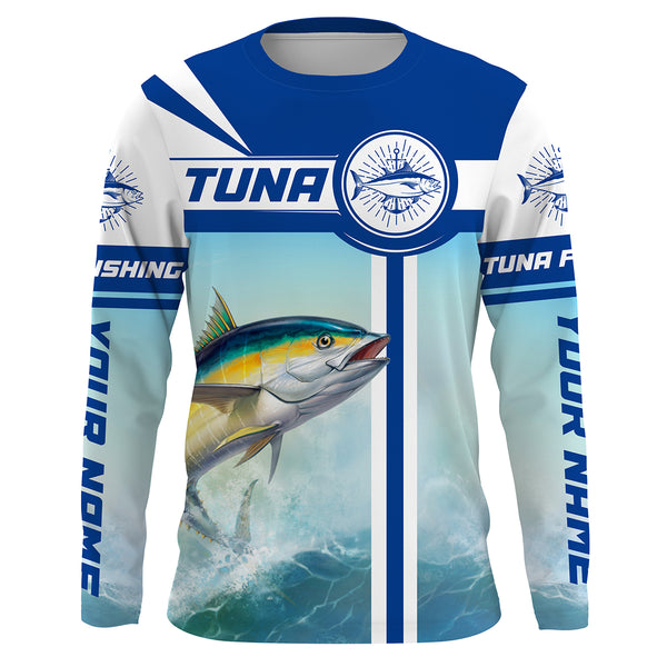 Tuna Fishing sea background Custom name performance Long Sleeve Fishing Shirts, Fishing jerseys for men, women, and kids - HVFS046