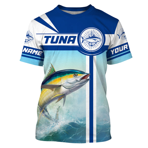 Tuna Fishing sea background Custom name performance Long Sleeve Fishing Shirts, Fishing jerseys for men, women, and kids - HVFS046
