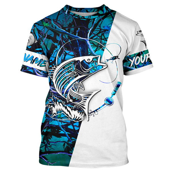 Custom Striped Bass Long Sleeve Fishing Shirts, Striper Bass Shirt Fishing Jerseys | Blue Camo IPHW3952